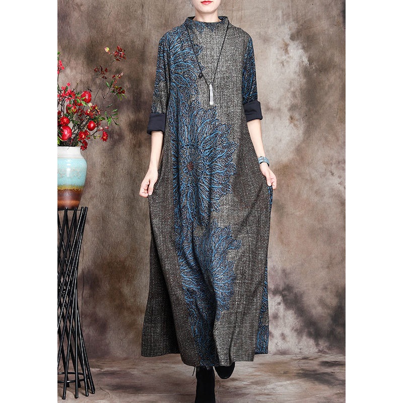 Loose Grey Half Hign Neck Print Cashmere Long Dress Fall WN008