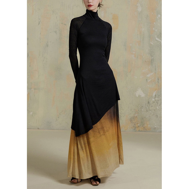 Slim Fit Yellow Gradient Hign Neck Patchwork Cotton Robe Dresses Fall WN027