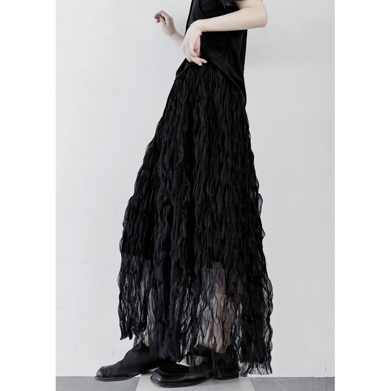 Stylish Black Wrinkled Elastic Waist Tulle Skirt Summer WN030