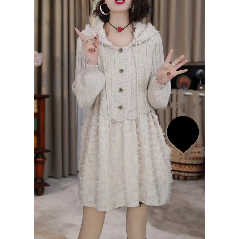 Elegant Beige Hooded Patchwork Knit Mid Dress Winter WM032