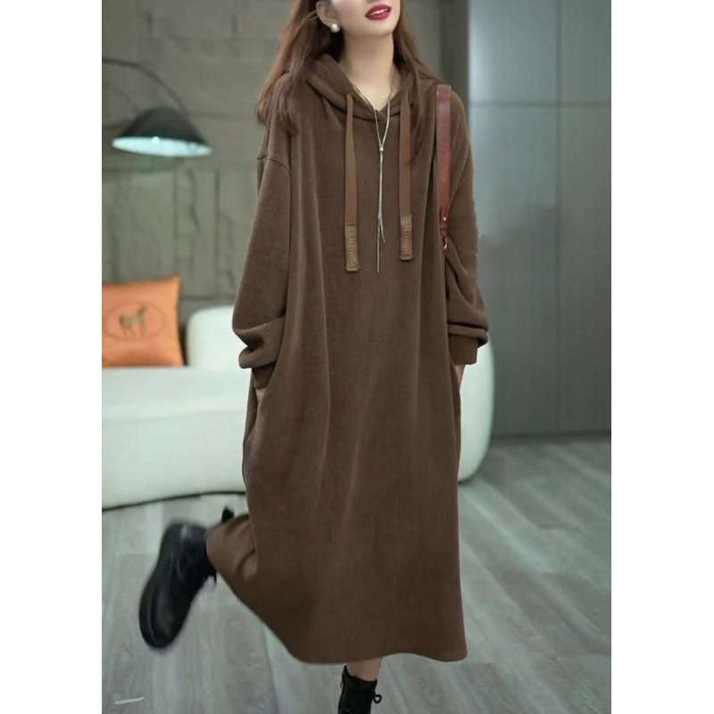 Loose Coffee Hooded Pockets Solid Long Dress Winter WM011