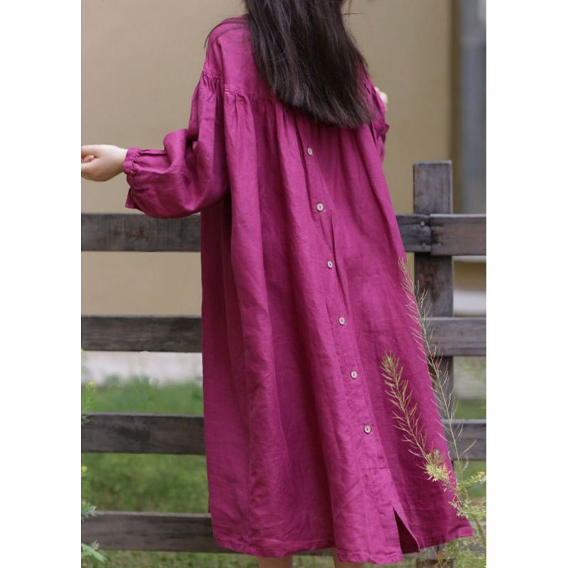 Loose Rose O Neck Button Solid Cotton Long Dress Fall WM025