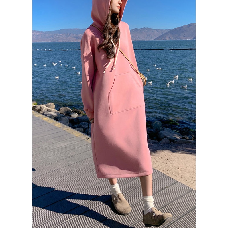 New Pink Hooded Pockets Cotton Streetwear Dresses Fall WM022