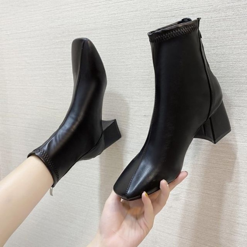 Boots Plain Short Chunky Heel|Black|Khaki|Off-White|35|36|37|38|39|40