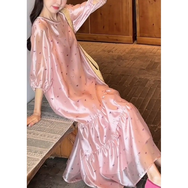 Bracelet Silk Sleeve O-Neck Print Dress Pink Long Fine