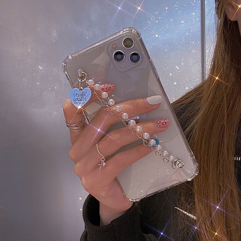 Case Faux Heart Phone Pearl Strap