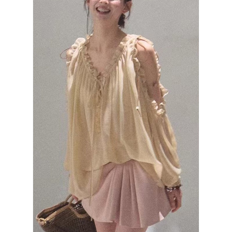 Chiffon Loose Up Khaki Fall Ruffled Lace Shirts