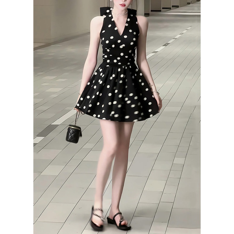 Cotton V Mid New Sleeveless Dress Neck Dot Bow Black
