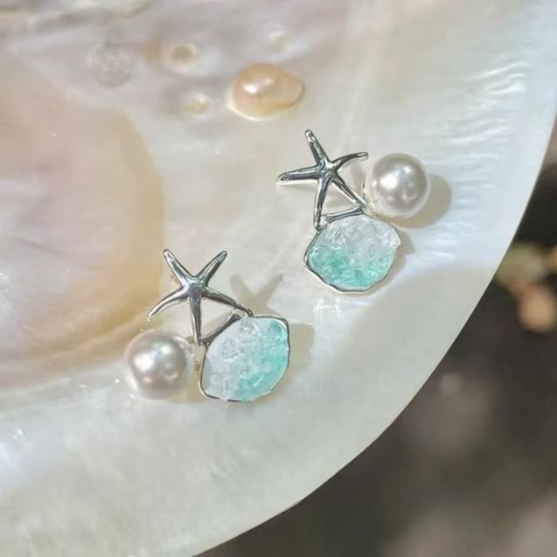 Faux Earring Rhinestone Pearl Starfish Stud Alloy