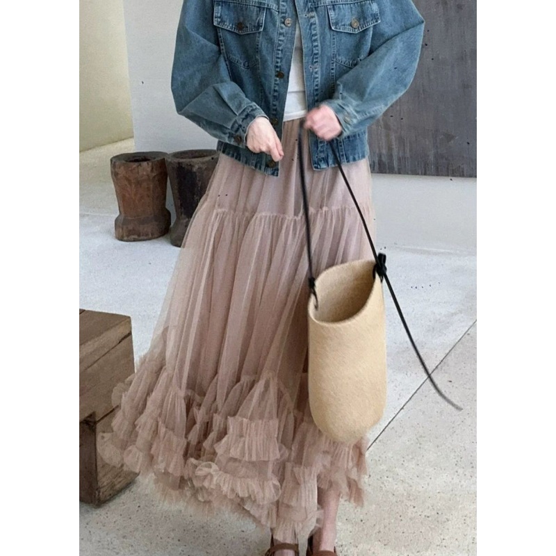 Summer Tulle Ruffled Khaki Skirt Elastic Waist Art