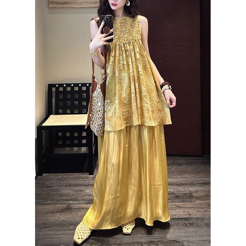 Two Neck Yellow Patchwork Summer Pieces O False Silk Dress