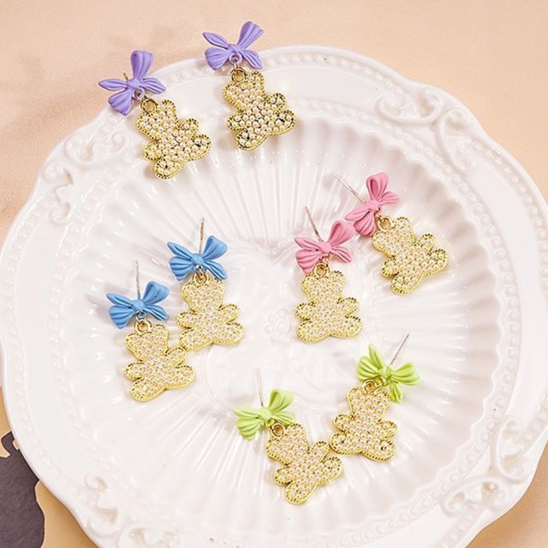 Bow Pearl Bear Alloy Earring|E1813-1 – Purple|E1813-3 – Cyan|E1813-4 – Pink|E1813-5 – Blue|One Size