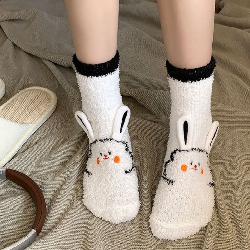 Rabbit Print Fluffy Socks|Black|Blue|Coffee|Pink|Purple|One Size