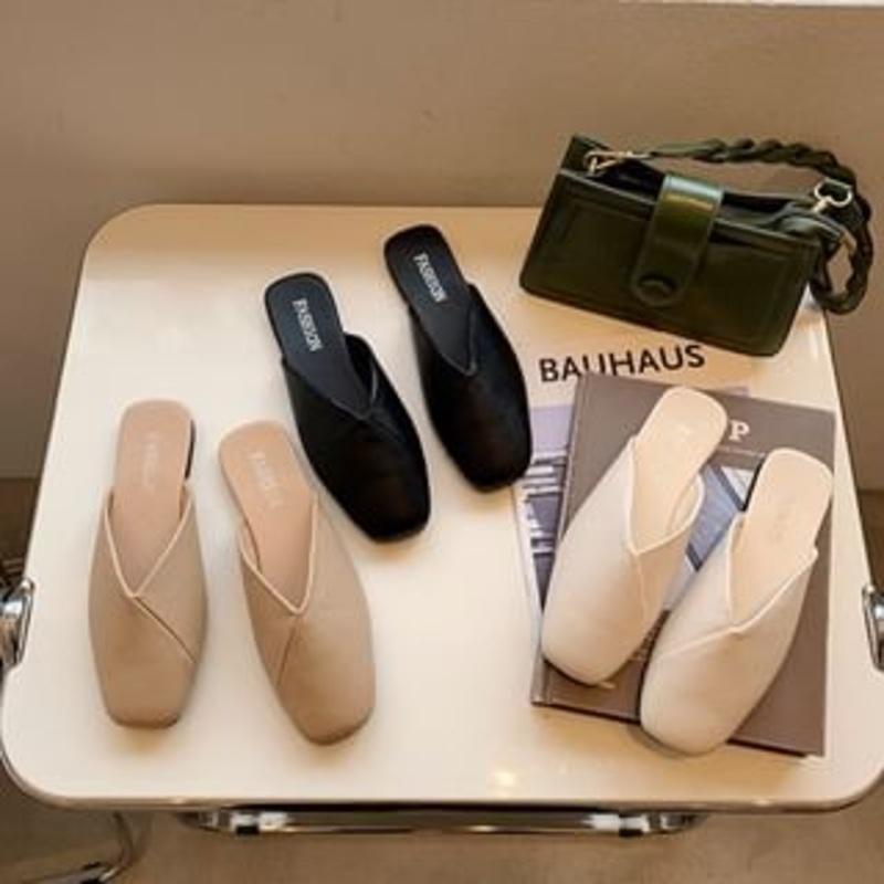 Square-Toe Slide Sandals|Beige|Black|Khaki|35|36|37|38|39