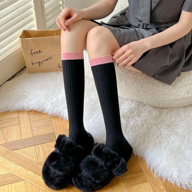 Two Tone Ribbed Socks|Black|Gray|White|35-40cm