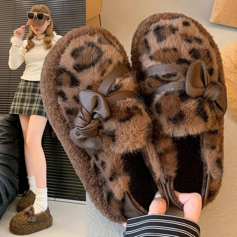 Bow Fleece Platform Slip-Ons|Black|Khaki|Leopard|35|36|37|38|39|40