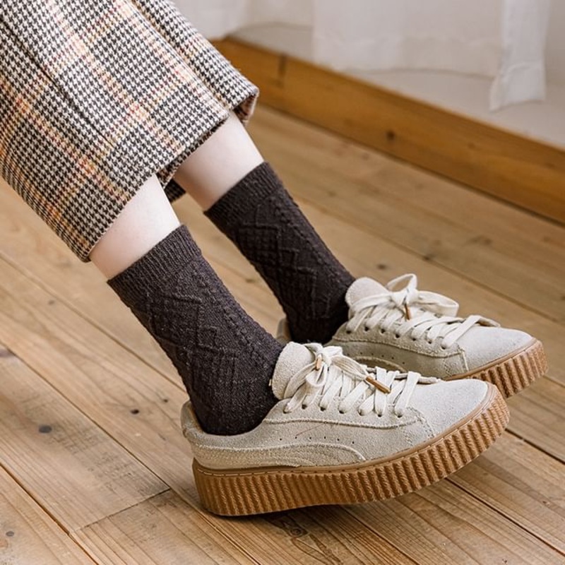 Cable Knit Plain Crew Socks|1 Pair – Black|1 Pair – Coffee|1 Pair – Khaki|1 Pair – Light Coffee|1 Pair – White|1 Pair – Wine Red|1 Pair – Yellow|One Size