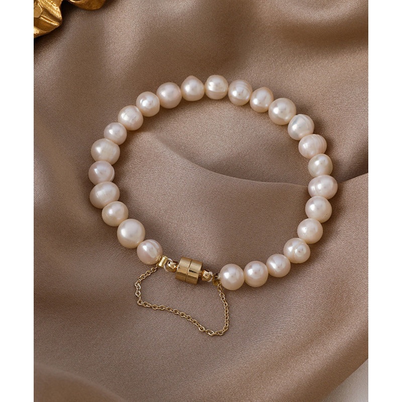 Classy Milky White Stainless Steel Pearl Beads Chain Bracelet ET017