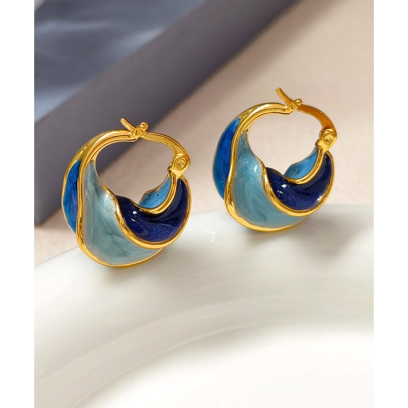 Vintage Colorblock Copper Overgild Drip Glaze Spiral Pattern Hoop Earrings ET021