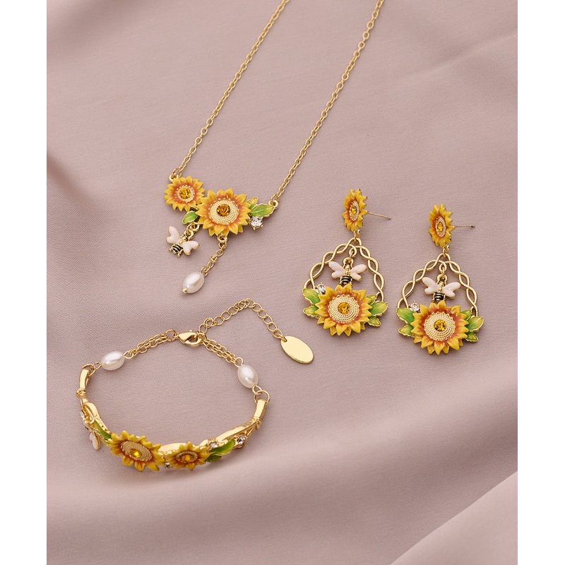Vintage Gold Zircon Sunflower Pearl Tassel Lariat Necklace Bracelet And Drop Earrings Three Piece Set ET035