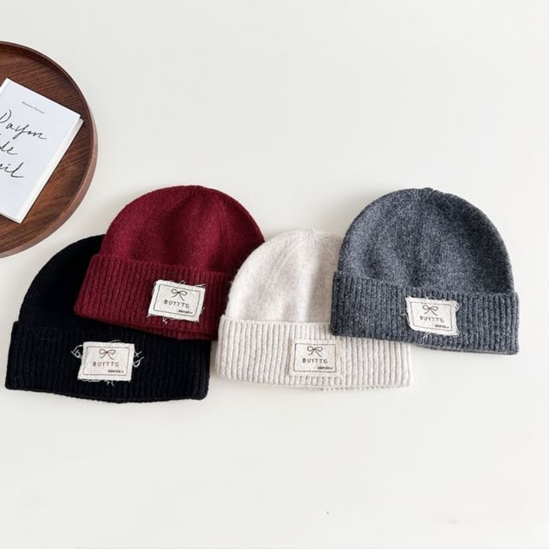Bow Applique Knit Beanie|Beige|Black|Dark Gray|Khaki|Light Gray|Wine Red|M