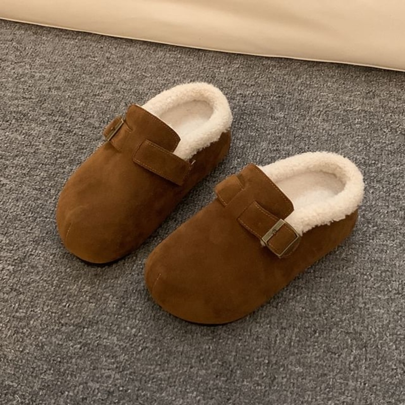 Buckled Fluffy Trim Slip-Ons|Camel|Coffee|35|36|37|38|39|40