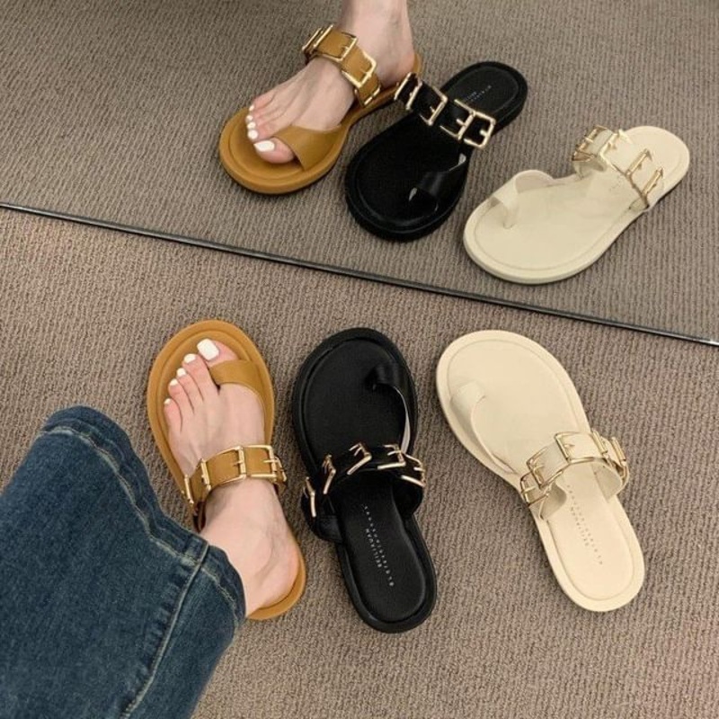 Buckled Toe Loop Sandals|Beige|Black|Brown|35|36|37|38|39