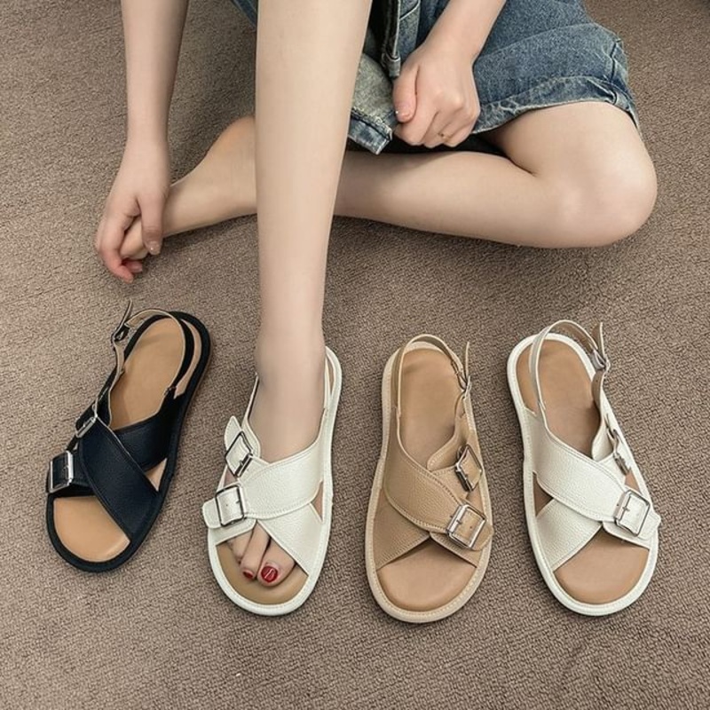 Cross Strap Buckled Sandals|Black|Khaki|Off-White|35|36|37|38|39|40
