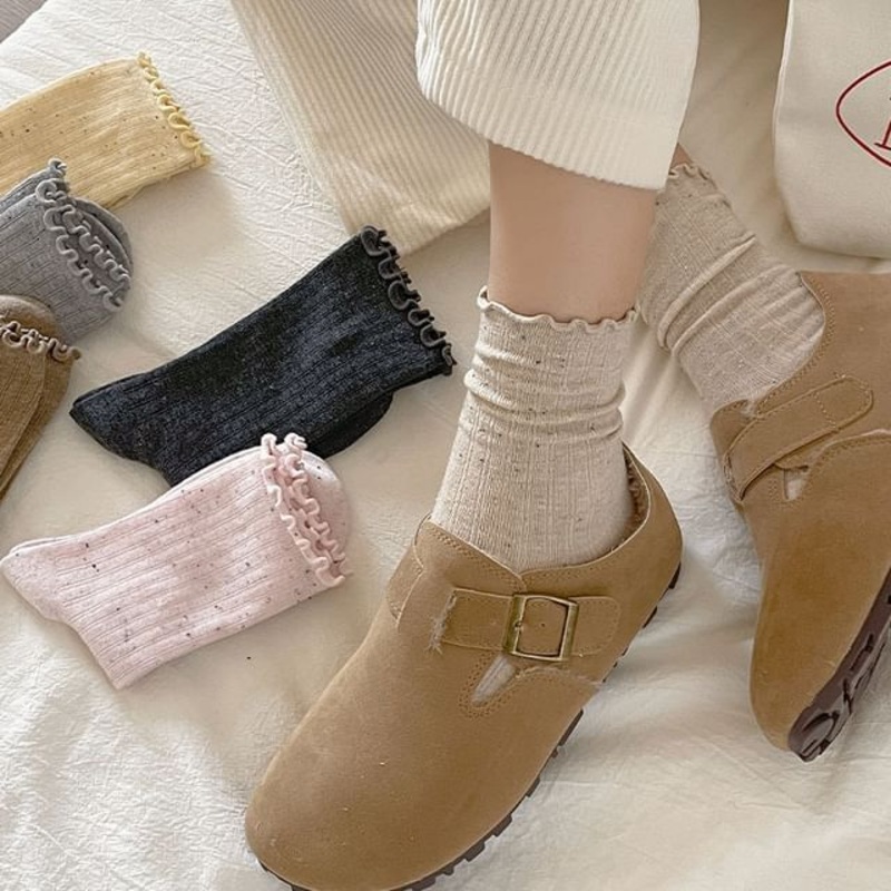 Lettuce Edge Ribbed Socks|Black|Coffee|Dark Gray|Khaki|Light Gray|Milky White|Pink|Yellow|One Size