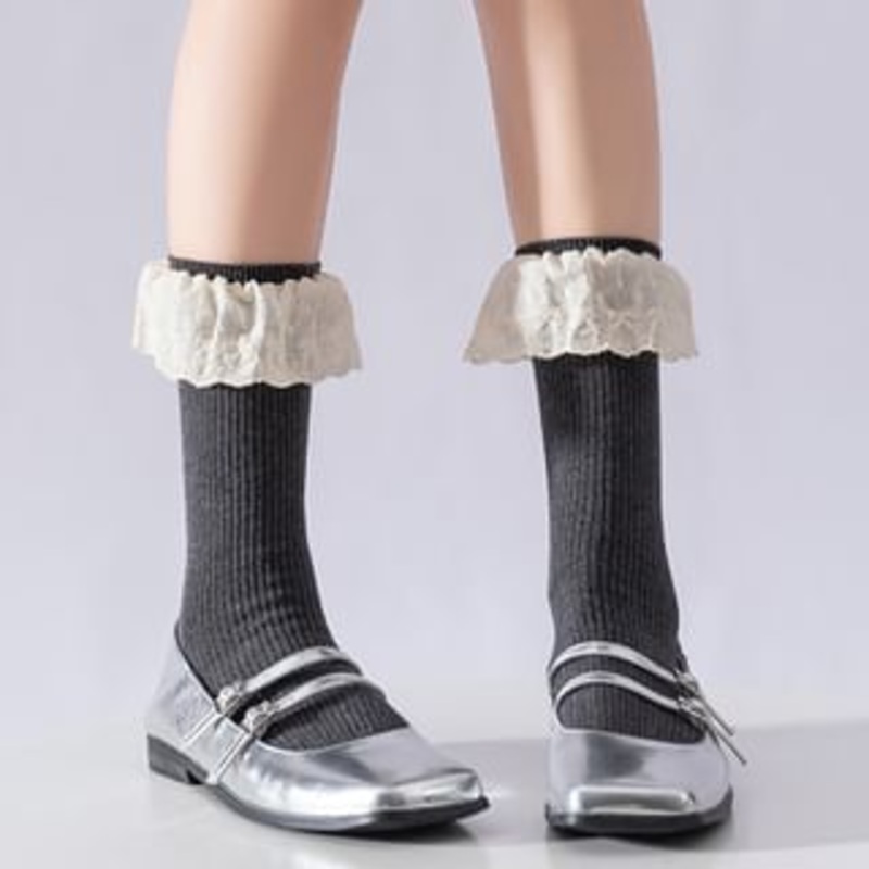 Plain Lace Trim Ribbed Socks|Beige|Black|Coffee|Dark Gray|Khaki|White|One Size