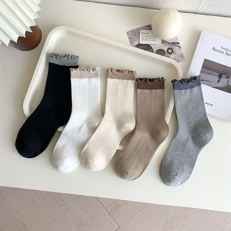 Two Tone Lettuce Edge Socks|Beige|Black|Coffee|Gray|White|One Size