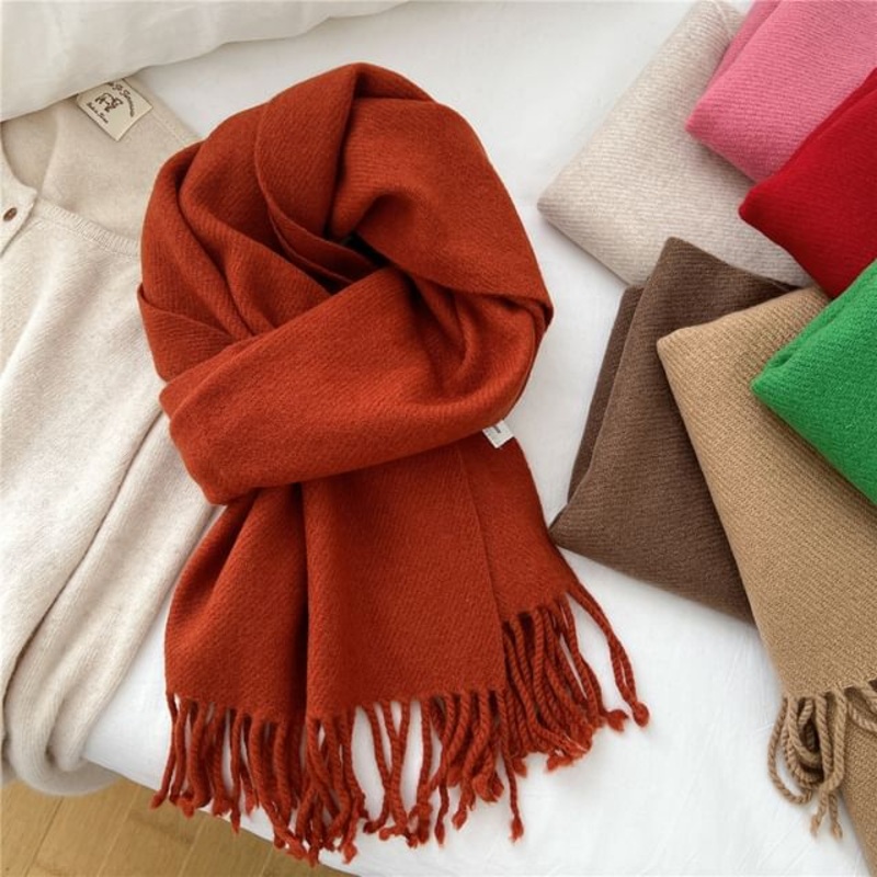 Applique Fringed Knit Scarf|01 – Beige|02 – Navy Blue|03 – Camel|04 – Dark Gray|05 – Pink|06 – Tangerine|07 – Brown|08 – Black|09 – Green|10 – Light Gray|11 – Red|One Size