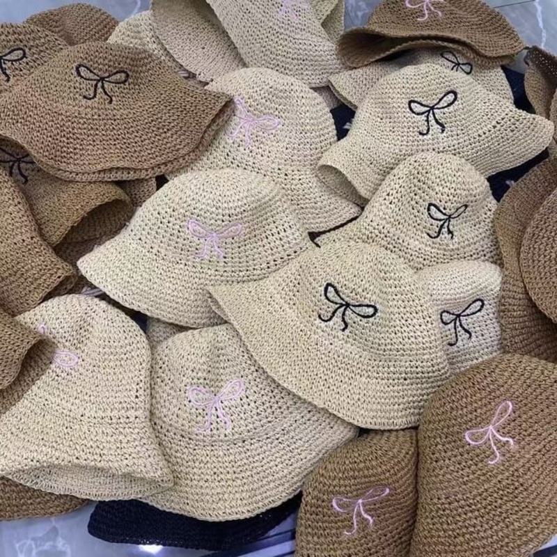 Bow Embroidered Straw Hat|Black Bow – Almond|Black Bow – Coffee|Pink Bow – Almond|One Size