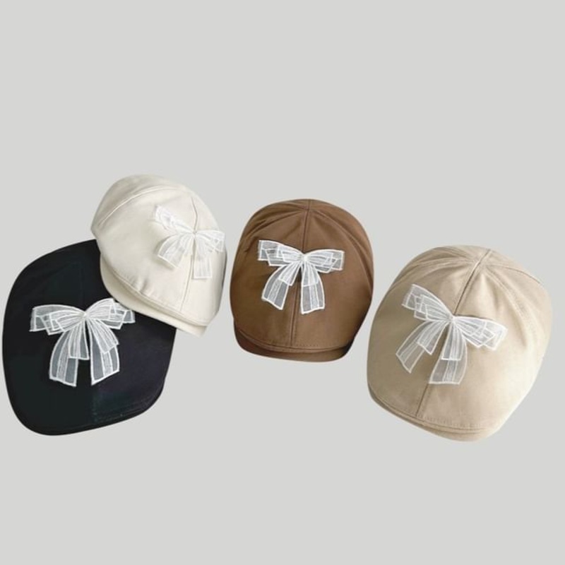 Bow Mesh Flat Cap|Beige|Black|Camel|Khaki|Light Green|Light Purple|Navy Blue|Sky Blue|One Size