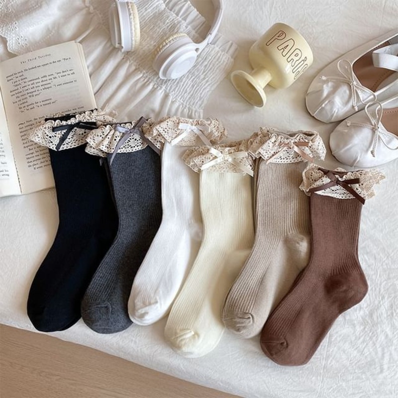 Bow Ribbed Lace Trim Socks|Beige|Black|Coffee|Gray|Khaki|White|One Size
