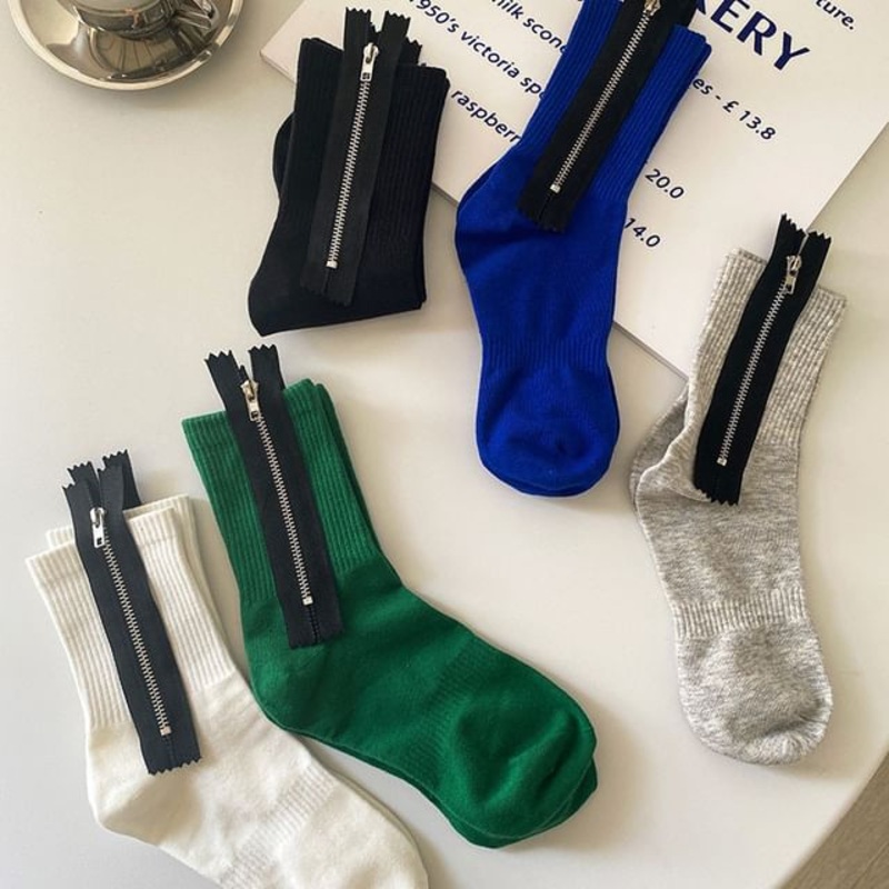 Zipped Crew Socks|1 Pair – Black|1 Pair – Gray|1 Pair – Green|1 Pair – White|One Size