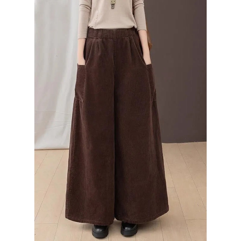2024 New Brown Pockets Corduroy Warm Fleece Wide Leg Pants Winter RU007