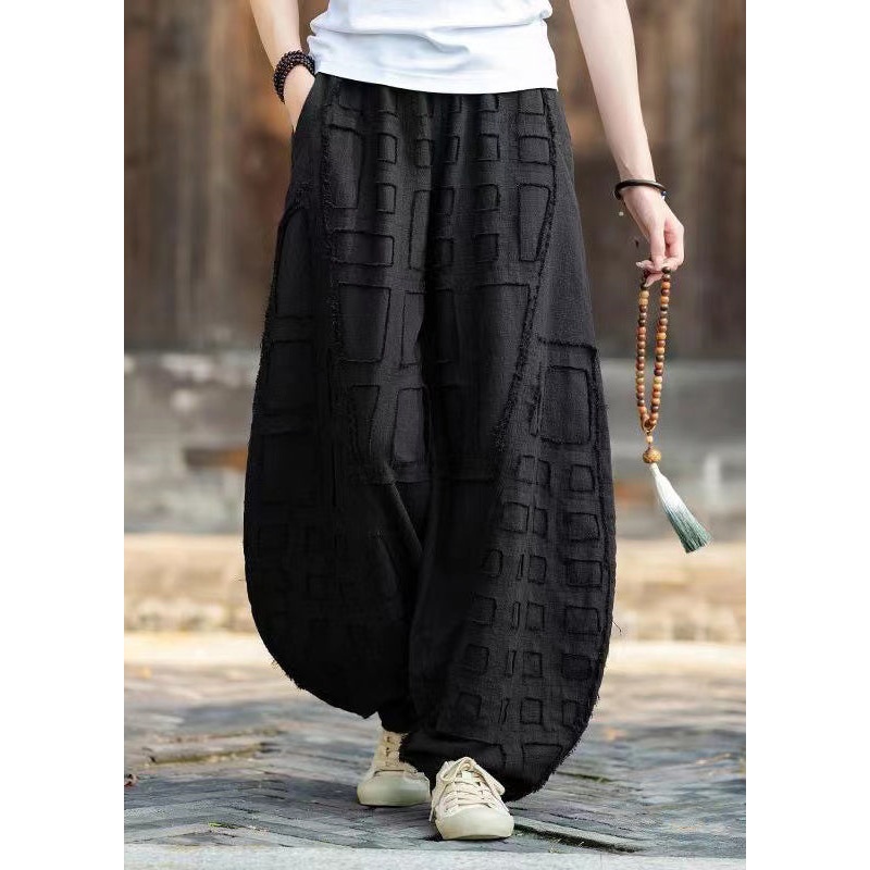 Black Pockets Patchwork Linen Lantern Pants Elastic Waist Fall RU012