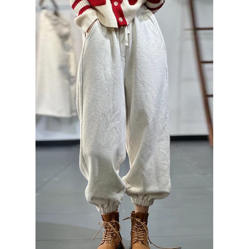 Casual Beige Pockets Elastic Waist Warm Fleece Sport Pants Fall RU014