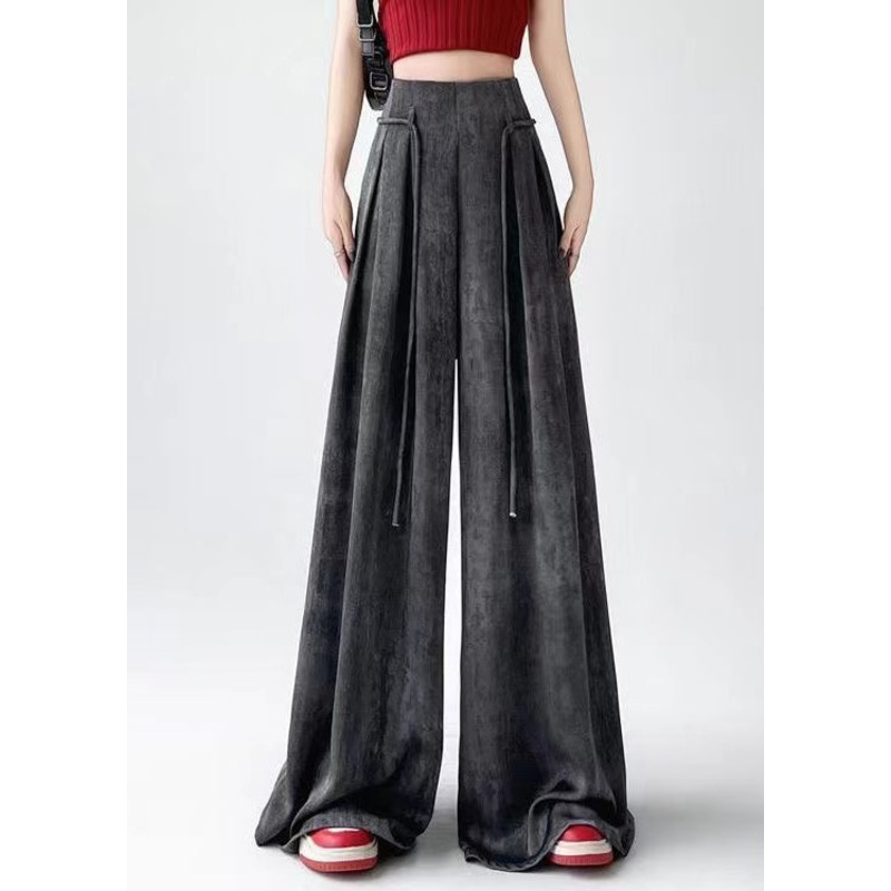 Handmade Black Grey Wrinkled Ice Silk Wide Leg Pants Summer RU003