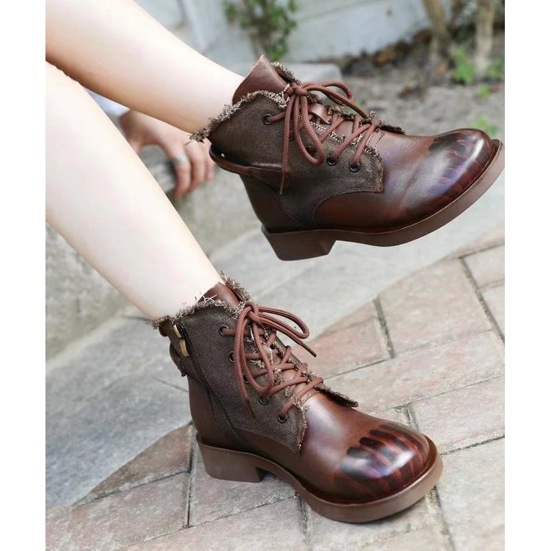 Handmade Comfy Brown Cowhide Leather Splicing Boots Lace Up OM003