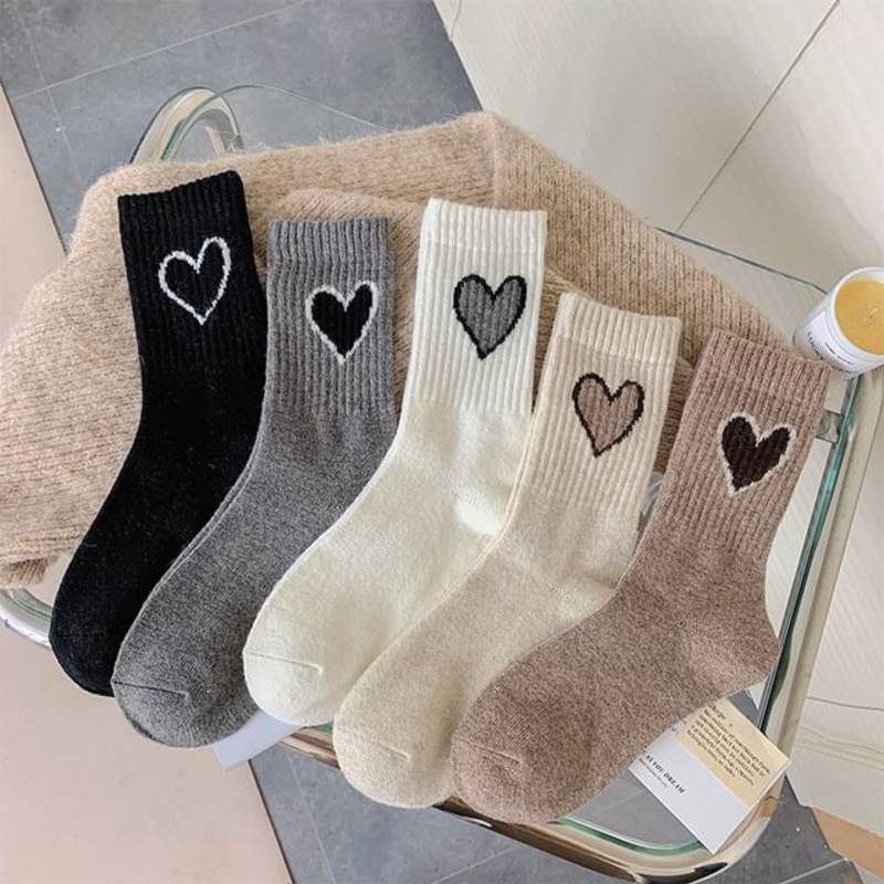 Heart Accent Crew Socks|1 Pair – Beige|1 Pair – Black|1 Pair – Gray|1 Pair – Light Coffee|1 Pair – Milky White|One Size