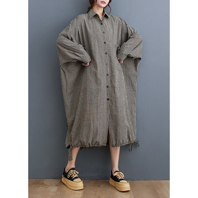 Plus Size Peter Pan Collar Plaid Cotton Shirts Dress Fall RU023