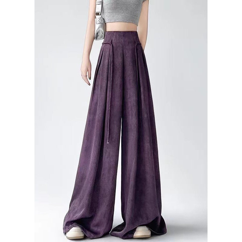 Simple Purple High Waist Ice Silk Wide Leg Pants Summer RU002