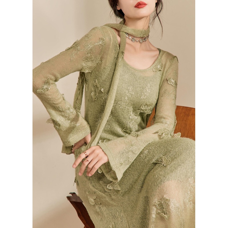 Stylish Light Green O-Neck Butterfly Knit Long Dress Fall OM001