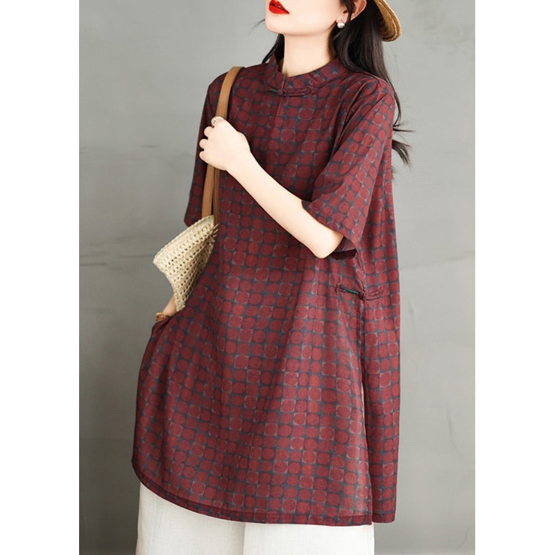 Vintage Red Stand Collar Print Side Open Cotton Dress Summer RU020