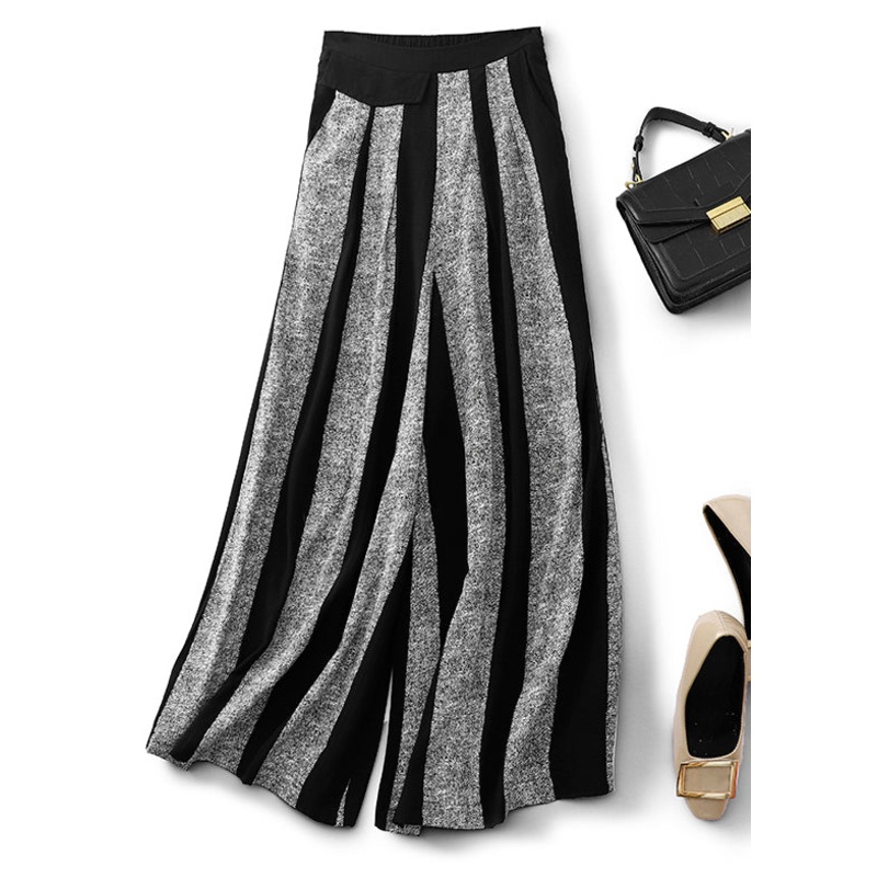 Women Black Striped Patchwork Cotton Wide Leg Pants Fall RU024