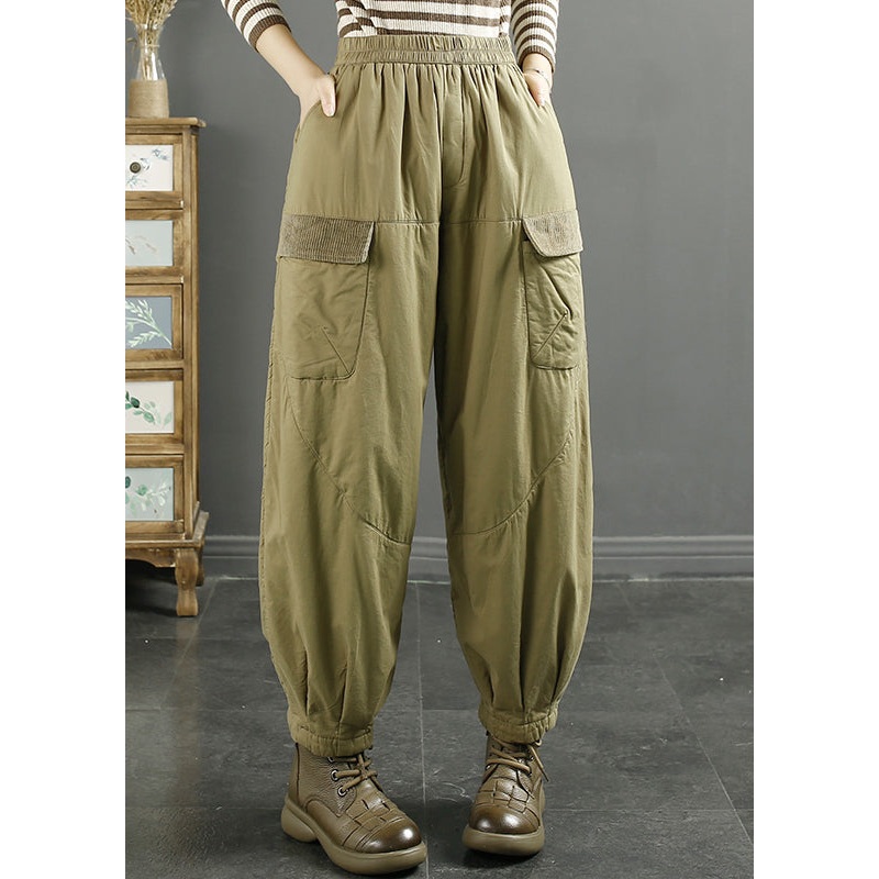 Women Khaki Pockets Elastic Waist Fine Cotton Filled Pants Winter RU016