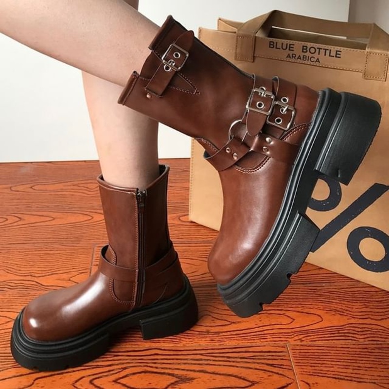 Buckled Platform Short Boots|Black|Brown|35|36|37|38|39