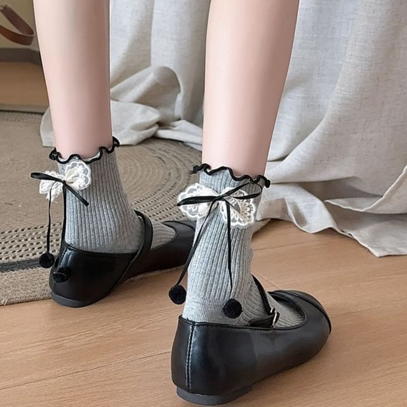 Plain Lettuce Edge Bow Socks|Black|Gray|White|One Size